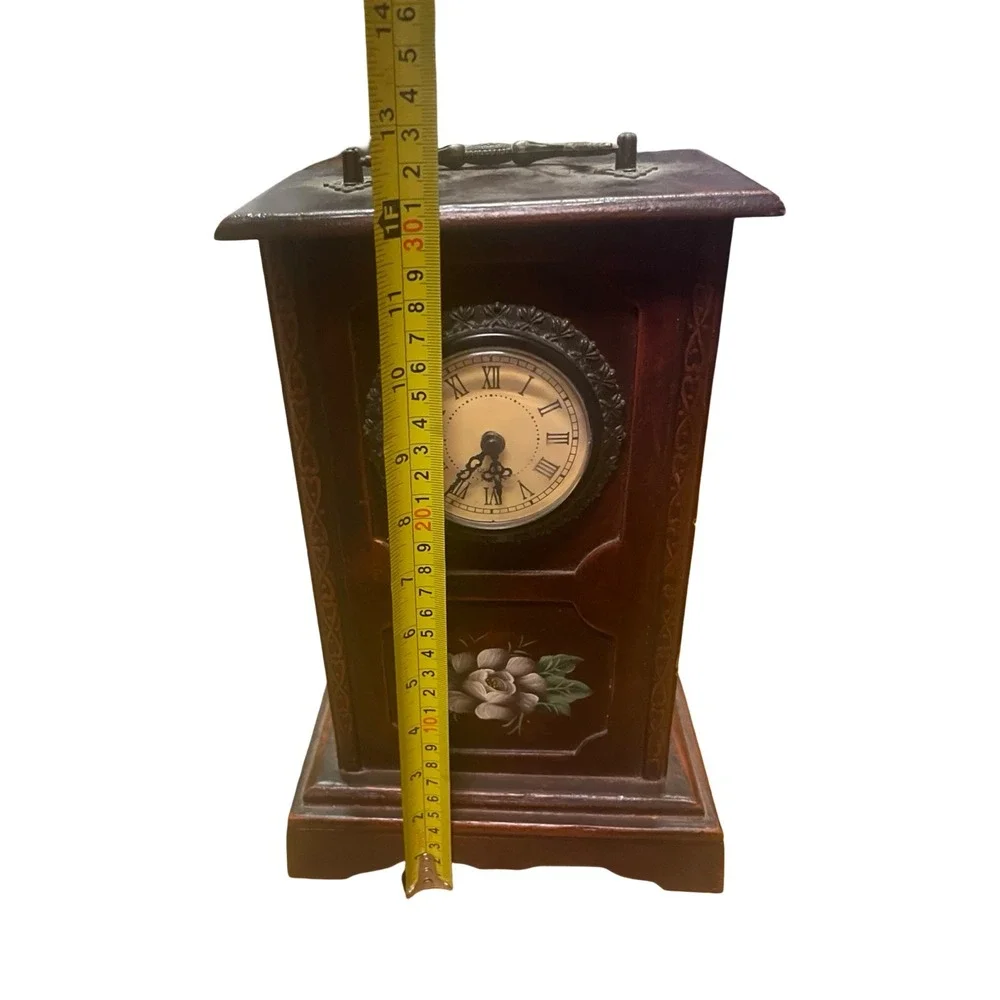 Vintage Wooden Mantel Clock Hand Painted Floral Roman Numerals Brown Table Decor